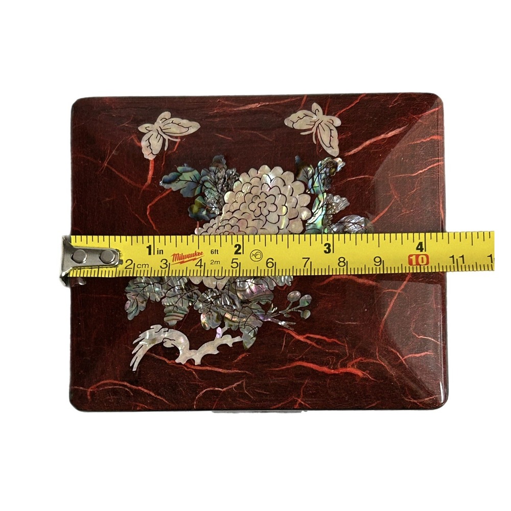 Trinket Box Lacquer Wooden Box Mother of Pearl‎ Inlay Asian Mirror Turtle Latch - Picture 10 of 13